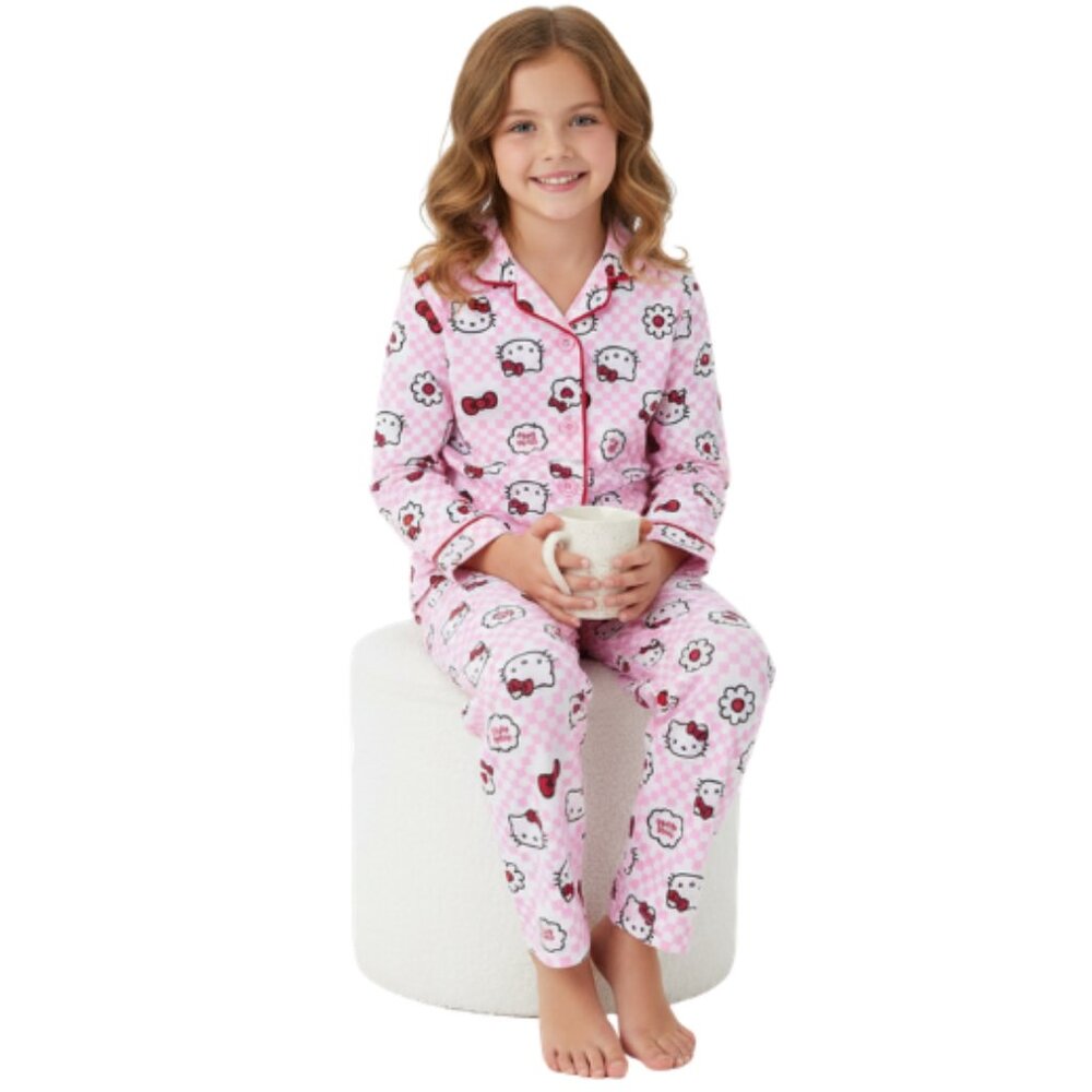 Hello Kitty Girls Long Sleeve Sleep Notch Collar Top and Pants Pajama Size 4